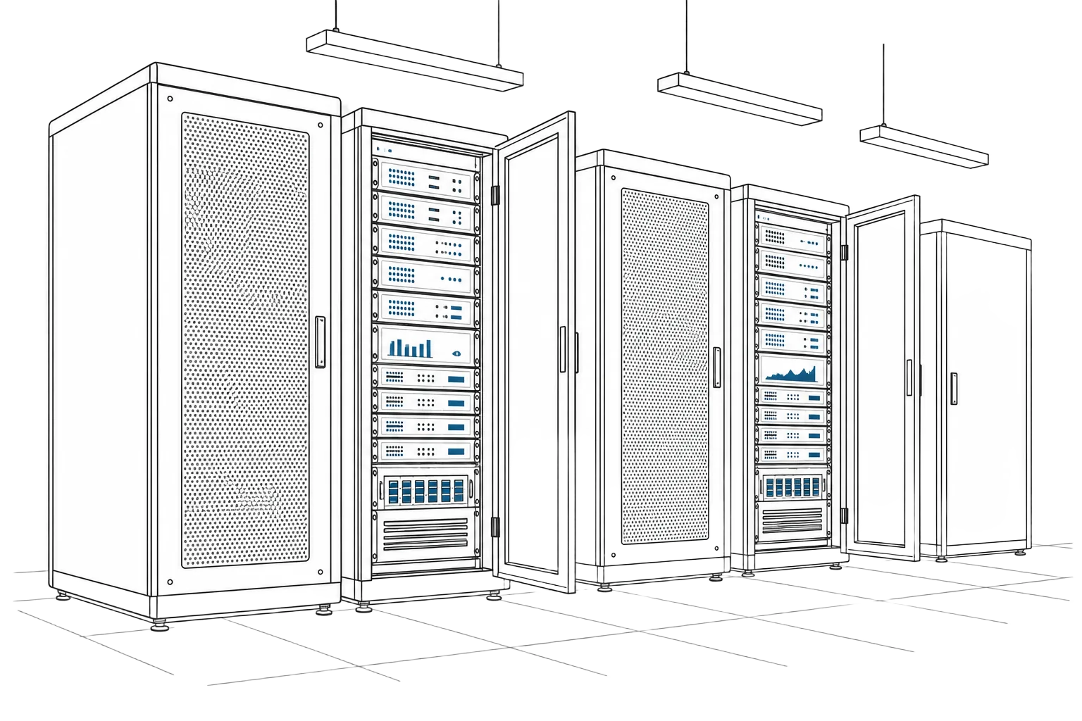 Lijntekening van serverkasten in een datacenter